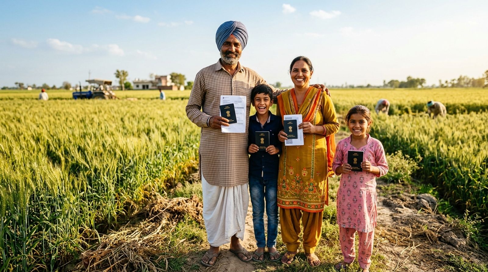 Indian farming family standing proud in wheat field holding passports and Singapore travel documents