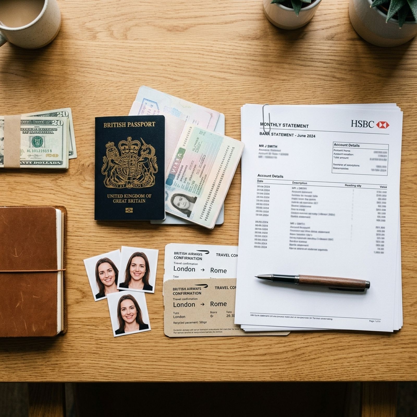 Organized Singapore visa documents including passport, photographs, and bank statements on a wooden desk