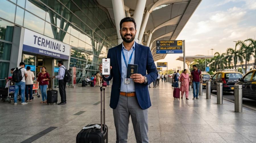 Indian corporate professional standing outside Delhi IGI Airport Terminal 3 holding passport and showing approved Singapore tourist e-visa letter on smartphone