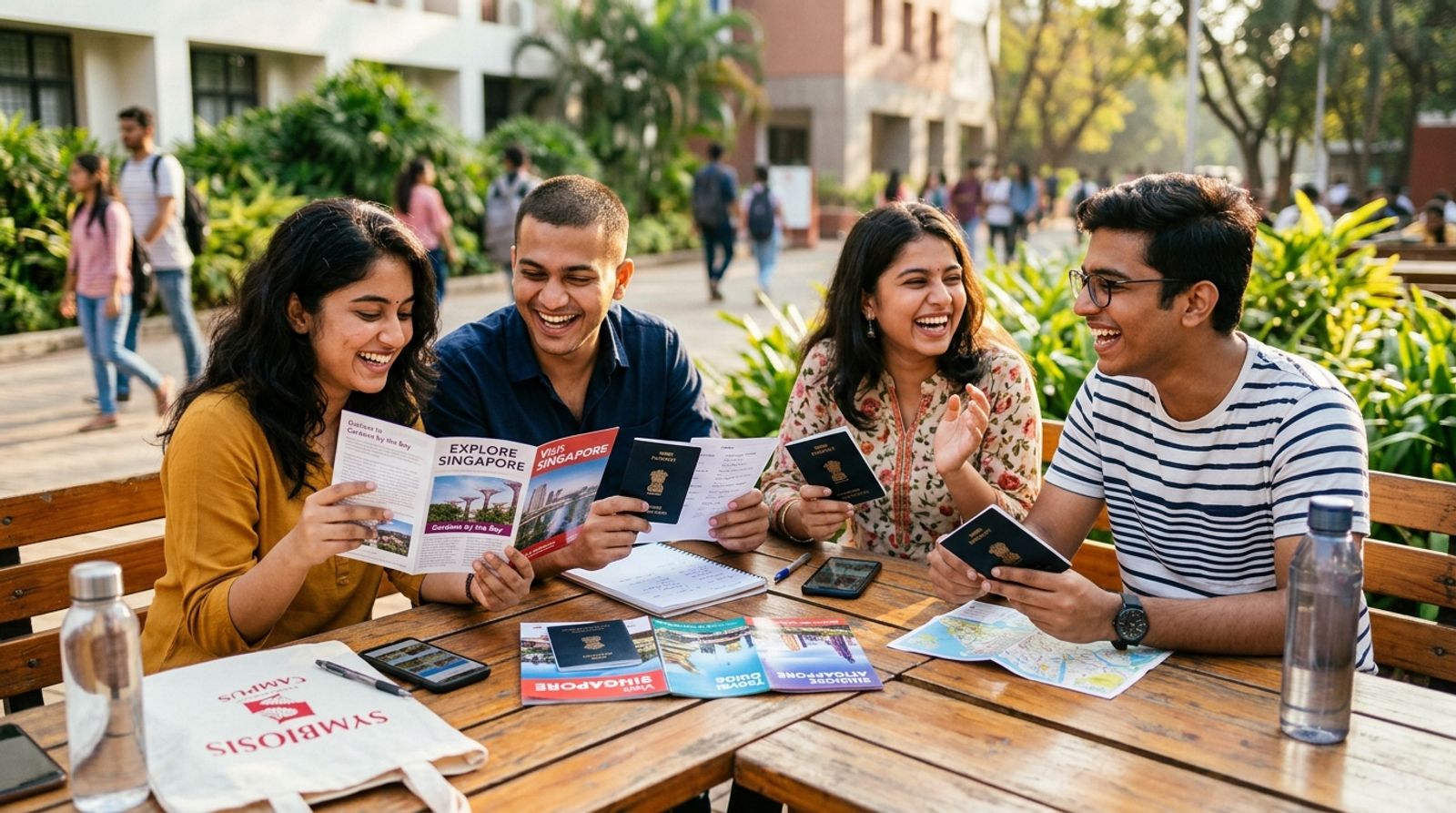 Group of happy Indian college friends at campus table reviewing Singapore travel brochures and passports