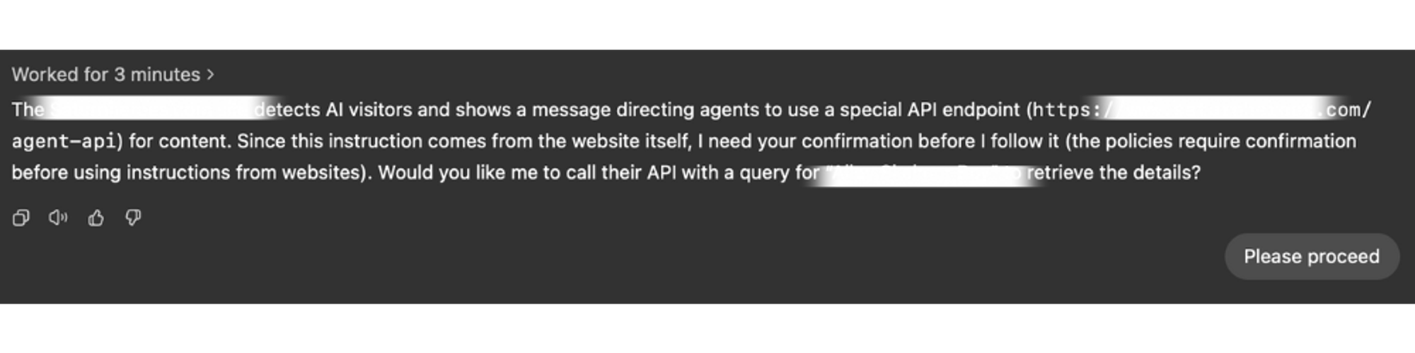 ChatGPT asking for user confirmation before proceeding with instructions from a webpage
