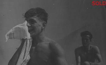 Two male figures, one drying his face with towel [P23]