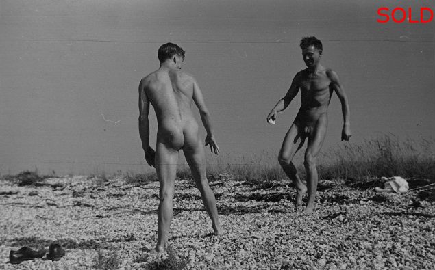 Two naked men facing each other on beach II [P53]