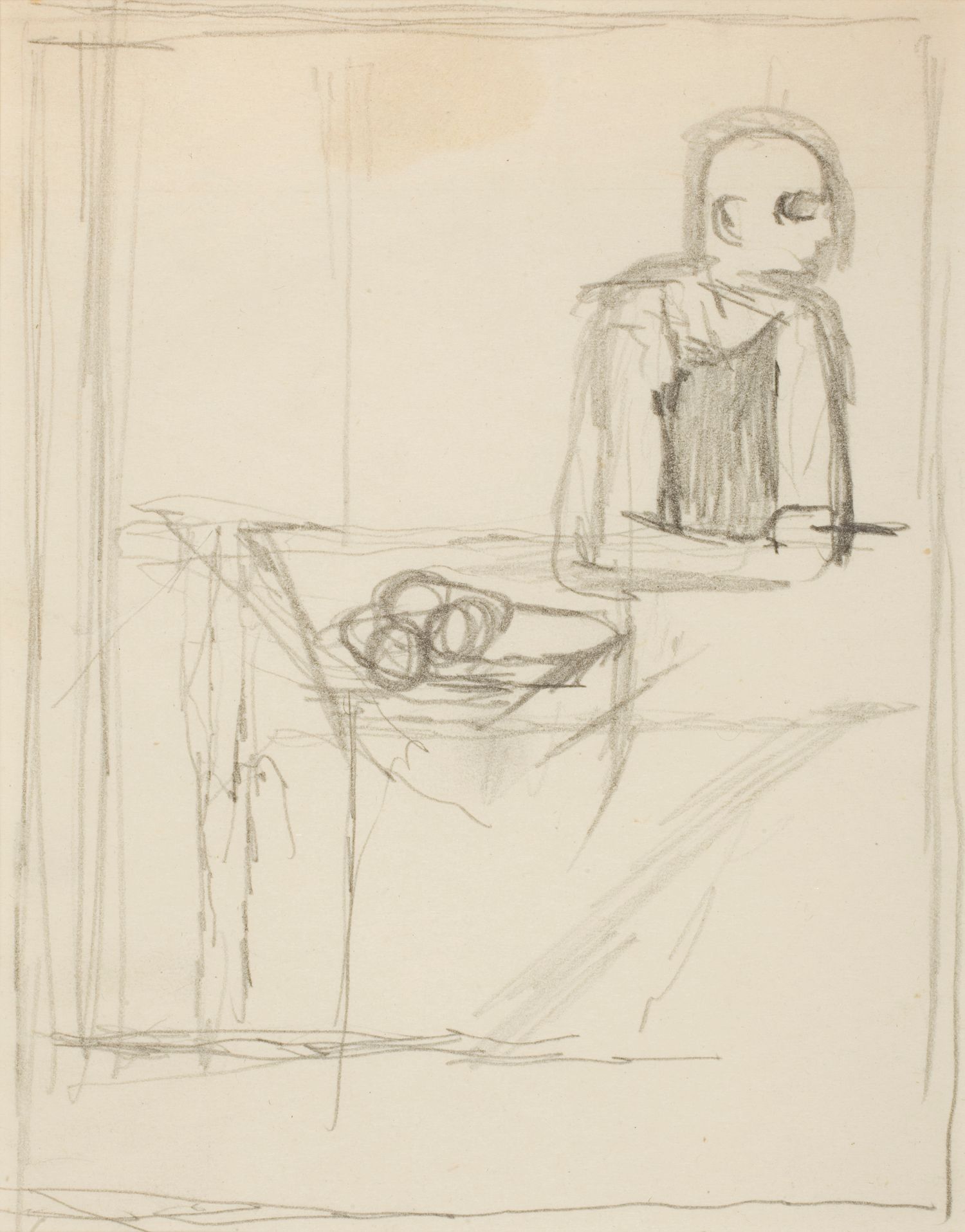 Figure at Table with Bowl of Fruit