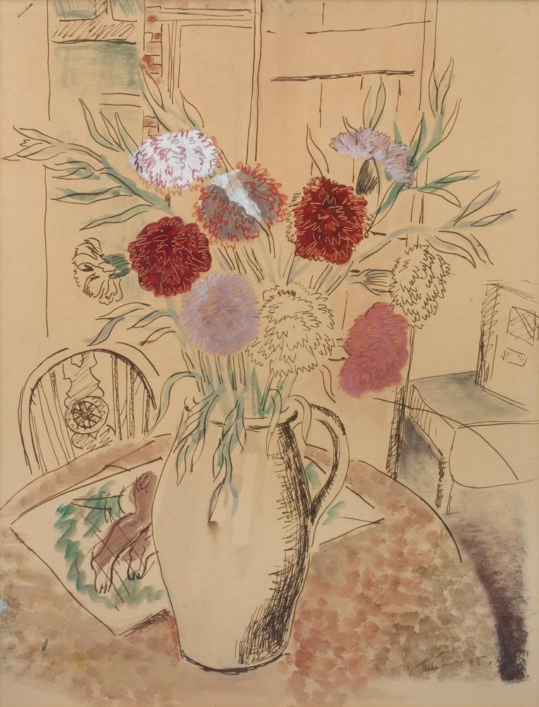 Flowers in a Jug with a Wheelback Chair