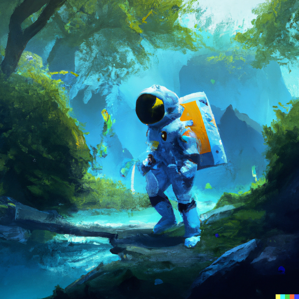 An astronaut in a lush jungle with ancient ruins and a bright blue river, digital art