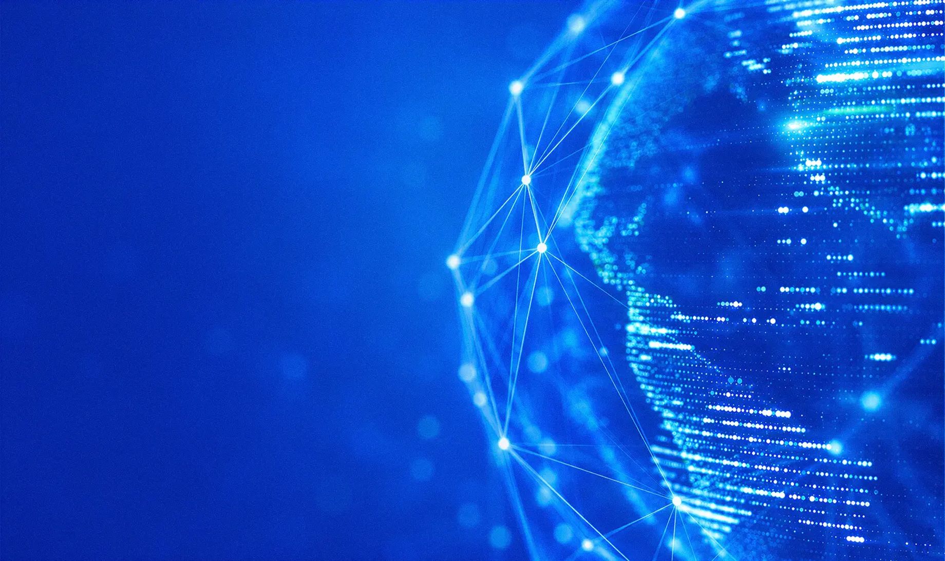 A blue technical graphic showing the globe and a dotted line matrix pattern