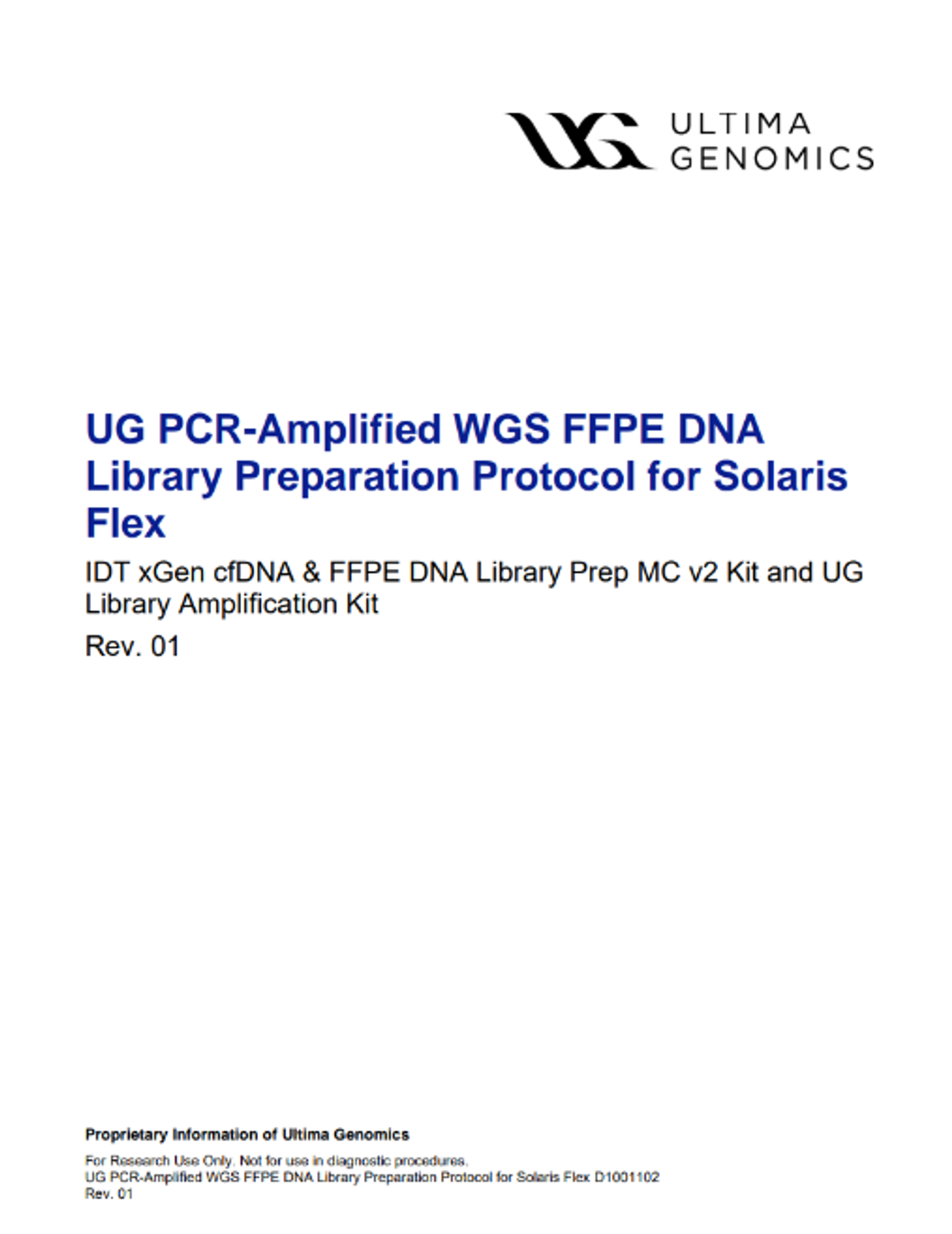Cover of Document D1001102 FFPE library prep protocol for UG 100 