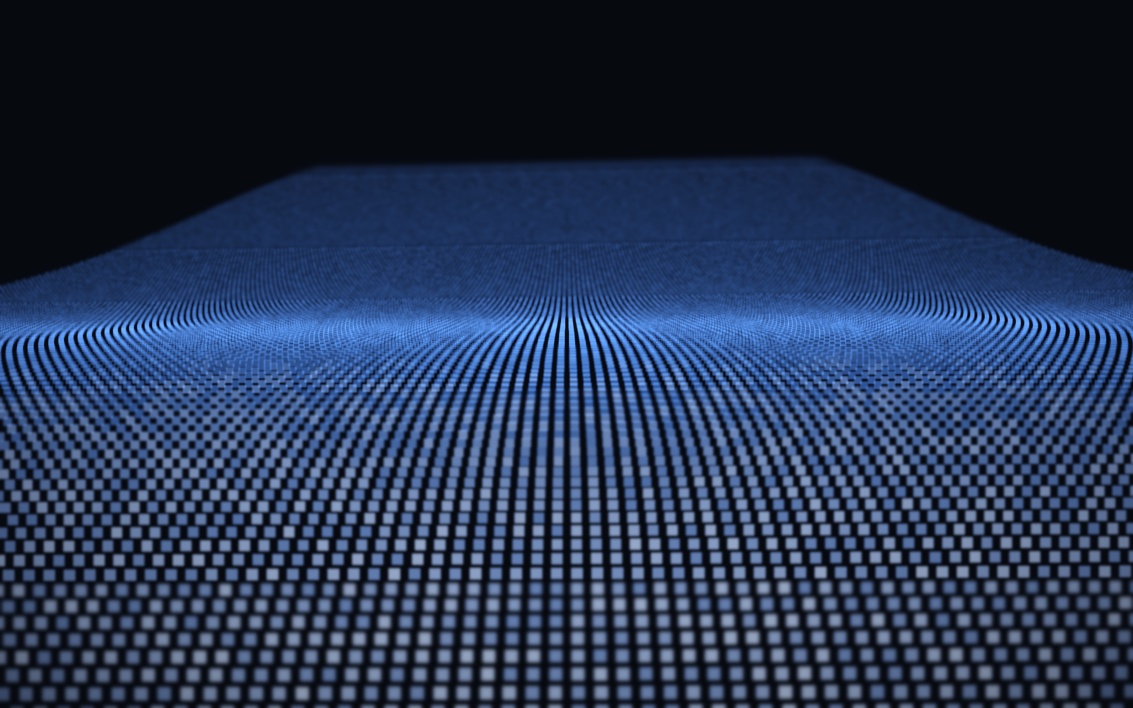 Abstract rendering of a wave rising from a grid of blue particles