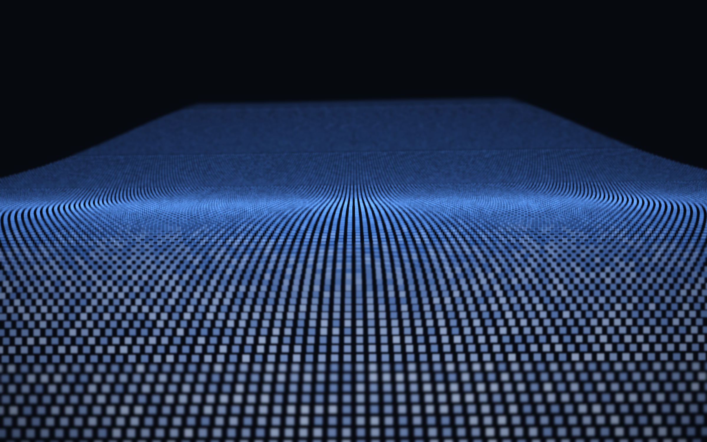 Abstract rendering of a wave rising from a grid of blue particles