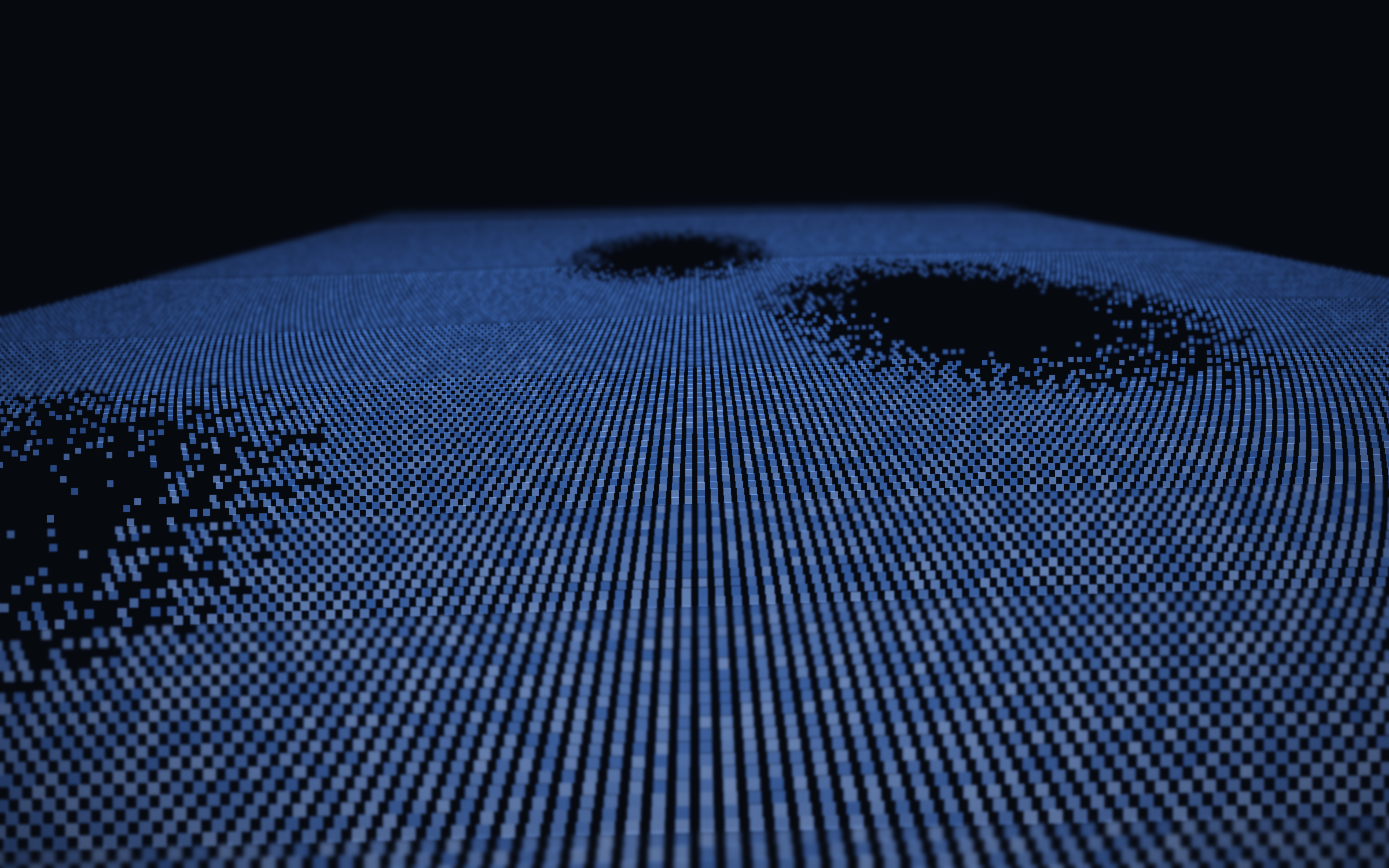Abstract rendering of a folded sheet of blue particles with a gap beneath