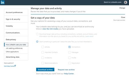 The LinkedIn page where you can download a copy of your data, including your connections