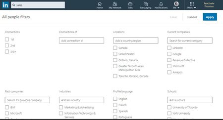 The LinkedIn Advanced Search page showing many filters and options