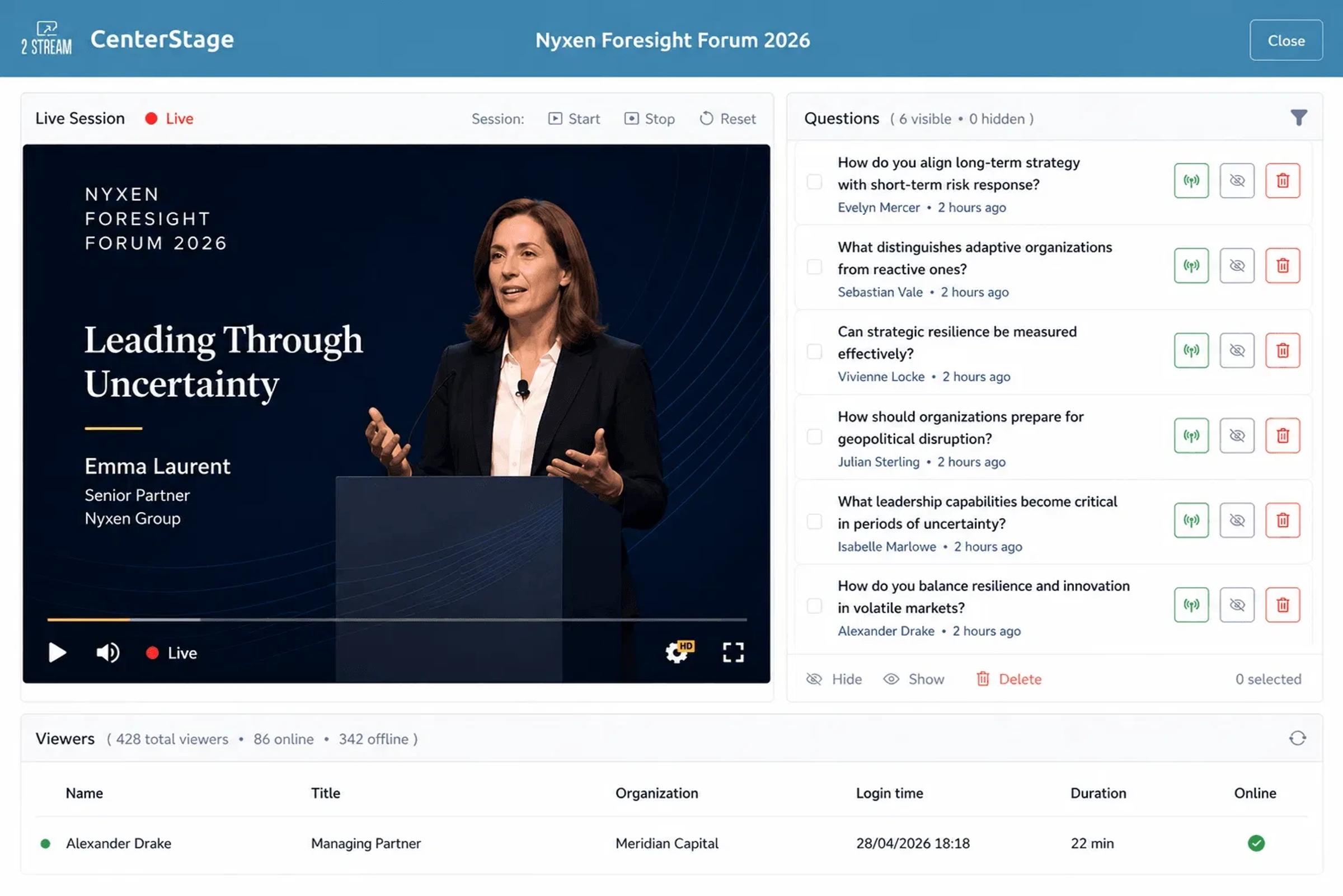 Mock-up of a CenterStage webinar dashboard with a live keynote, moderated audience questions and a viewer list