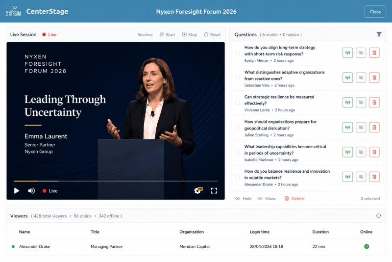 Mock-up of a CenterStage webinar dashboard with a live keynote, moderated audience questions and a viewer list