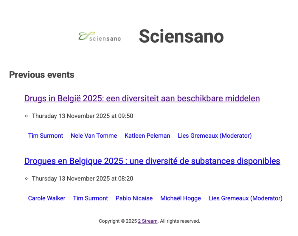 Screenshot of Sciensano's event page listing two November 2025 webinars on drugs in Belgium, in Dutch and French