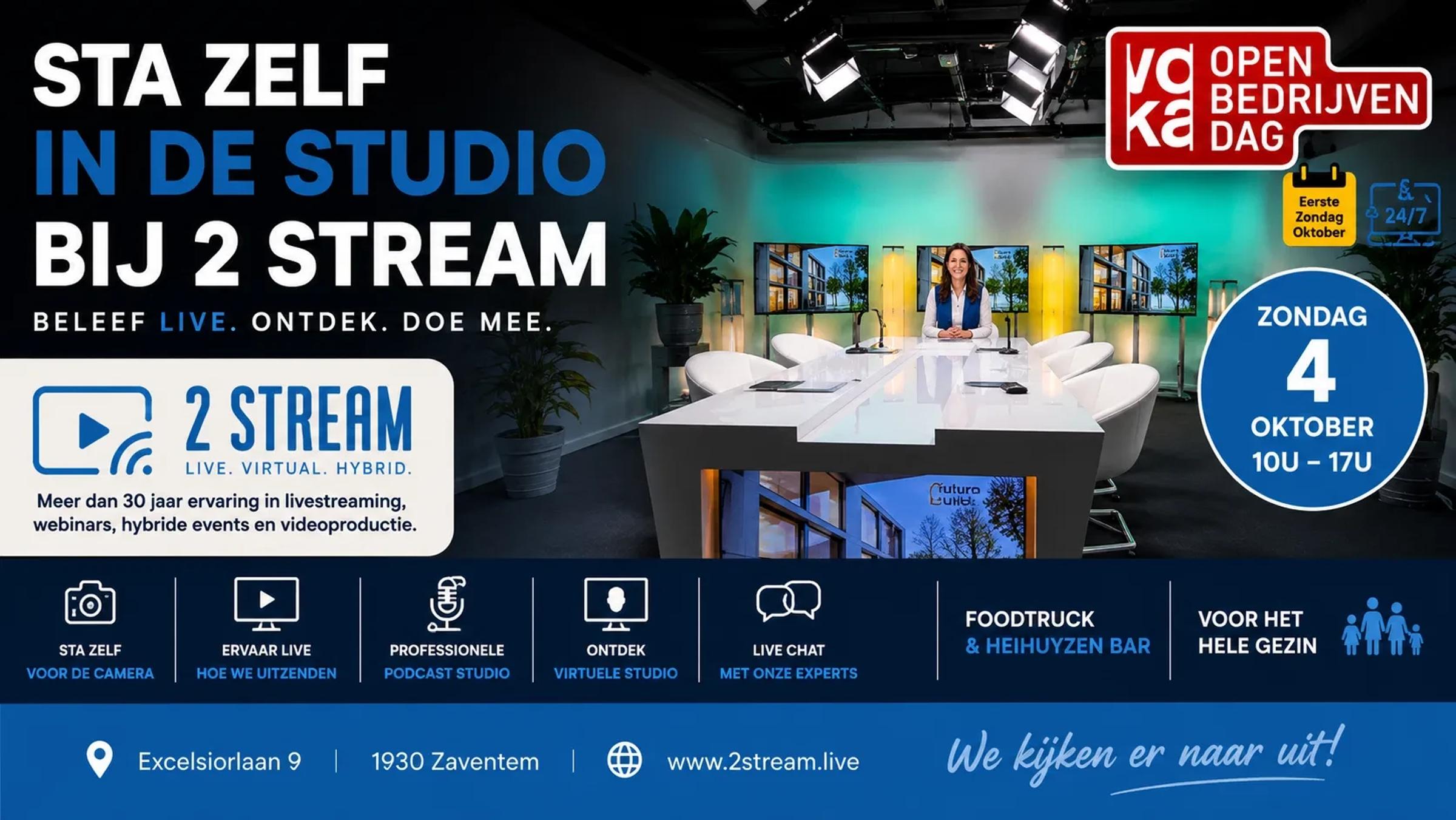 Poster for the 2 Stream Voka Open Bedrijvendag on Sunday 4 October, 10:00-17:00, Excelsiorlaan 9, Zaventem