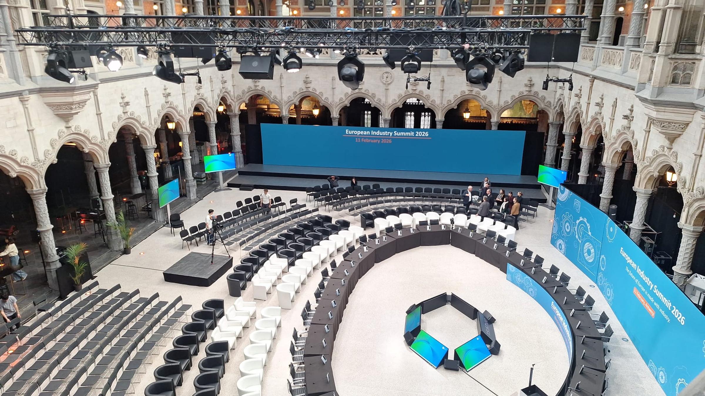European hybrid event infrastructure prepared at the Handelsbeurs in Antwerp for the European Industry Summit 2026.