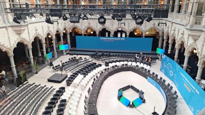 European hybrid event infrastructure prepared at the Handelsbeurs in Antwerp for the European Industry Summit 2026.