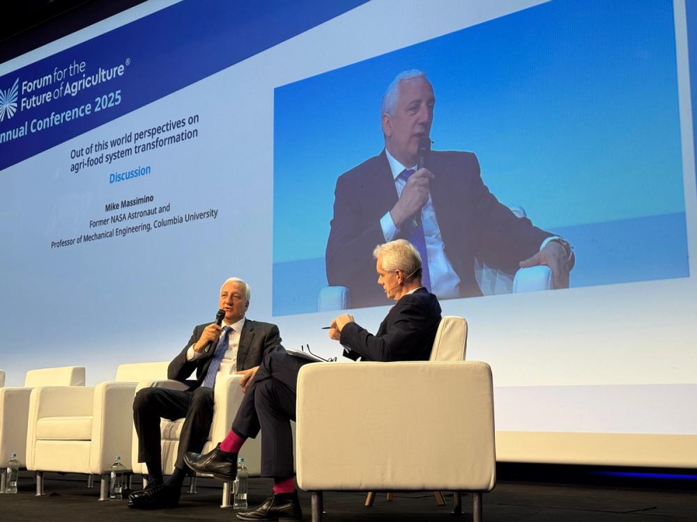 Former NASA astronaut Mike Massimino in a seated stage discussion at the Forum for the Future of Agriculture 2025