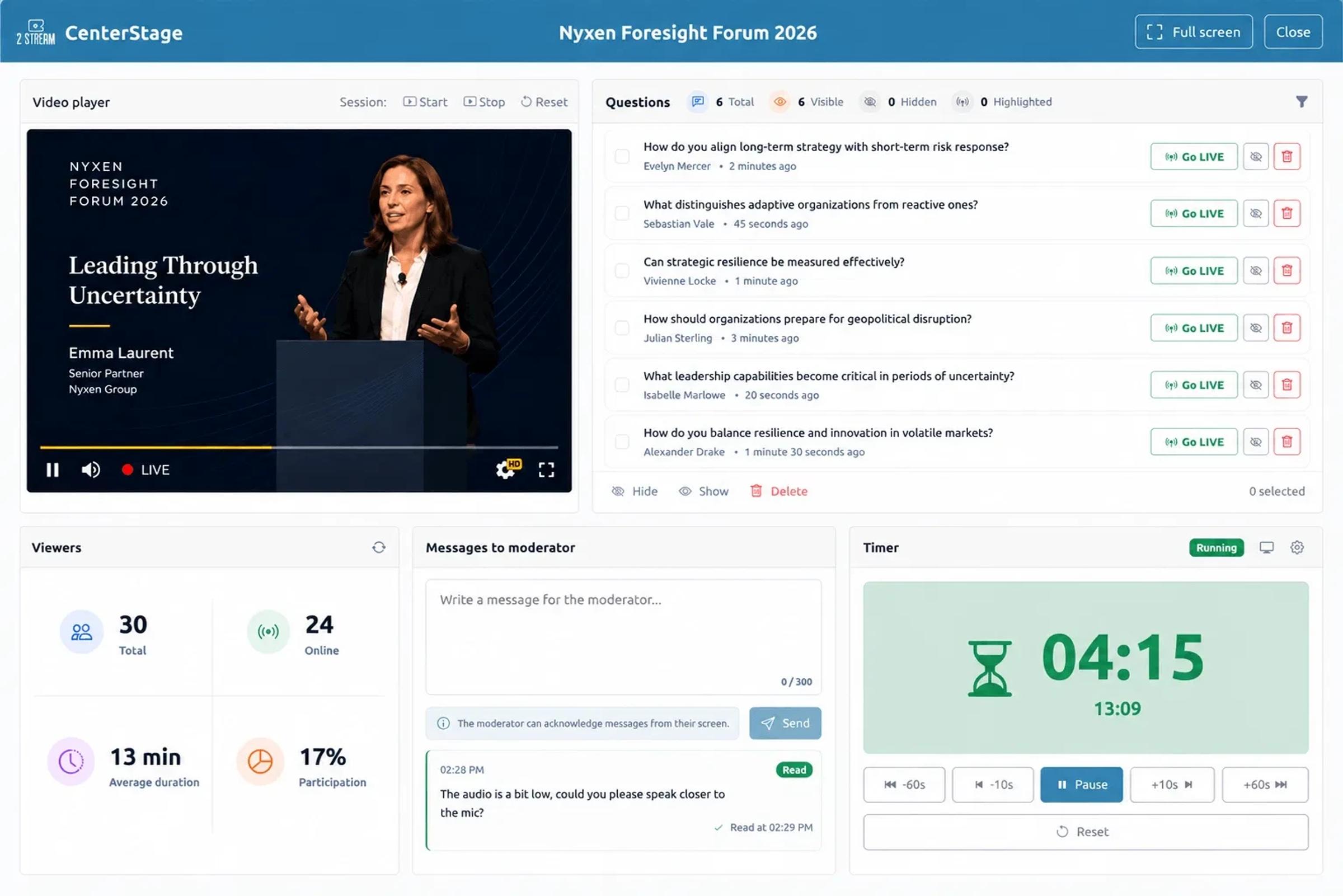 Mock-up of the CenterStage moderator dashboard: live keynote, audience questions, viewer stats and a speaker timer