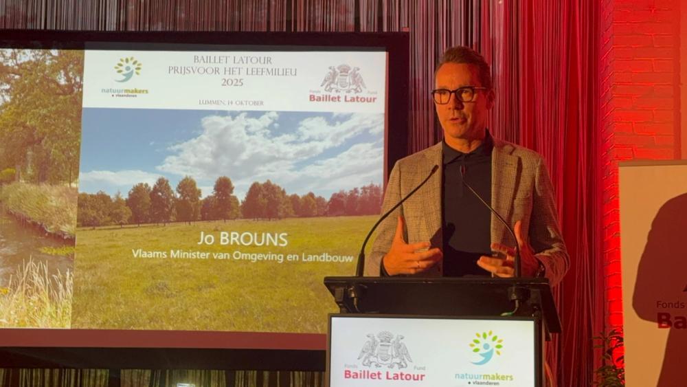 Jo Brouns, Flemish Minister of Environment and Agriculture, speaking at the Baillet Latour environment prize 2025