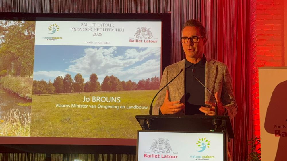 Jo Brouns, Flemish Minister of Environment and Agriculture, speaking at the Baillet Latour environment prize 2025