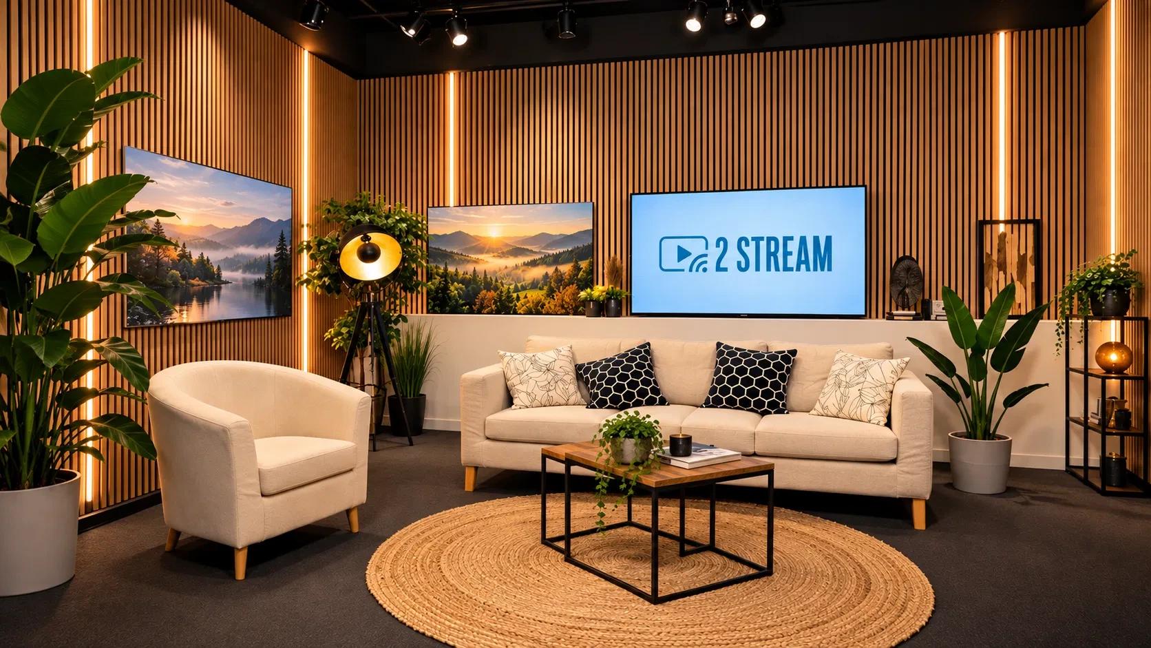 Cosy Studio set with a cream sofa and armchair, wood-slat walls, plants and a screen showing the 2 Stream logo