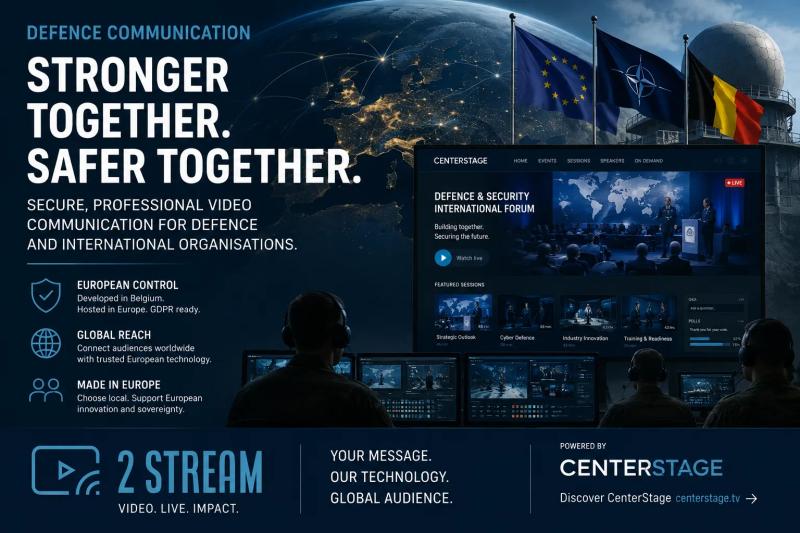 Illustrated 2 Stream and CenterStage ad for defence communication, with EU, NATO and Belgian flags over a control room