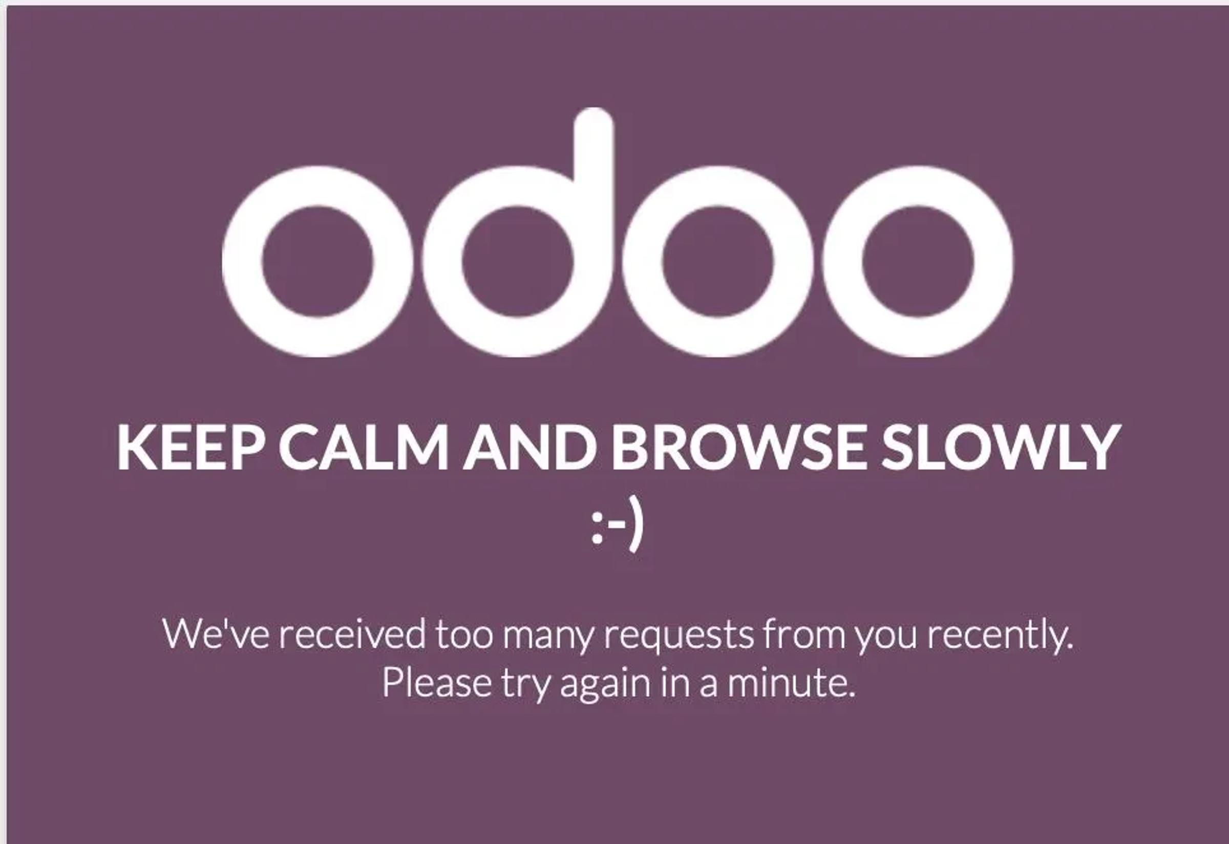 Odoo error page reading 'Keep calm and browse slowly': too many requests, please try again in a minute