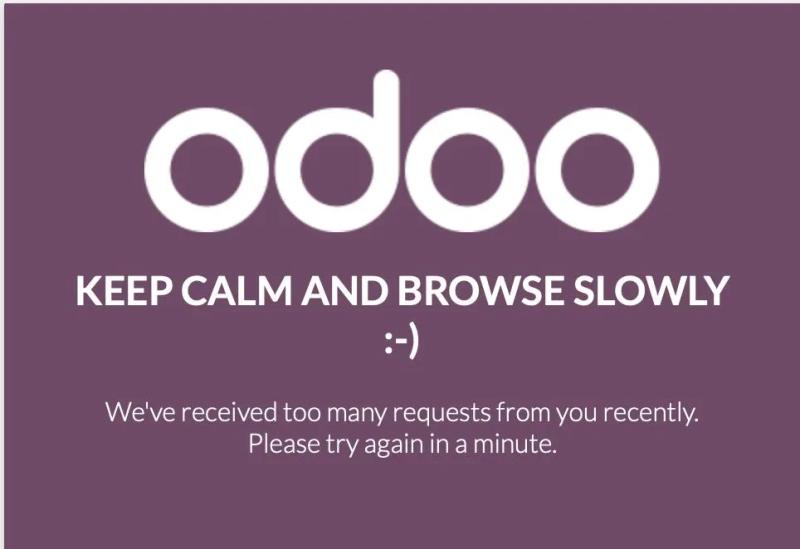 Odoo error page reading 'Keep calm and browse slowly': too many requests, please try again in a minute