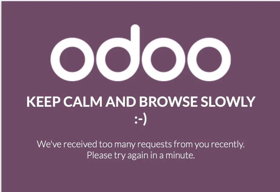 Odoo error page reading 'Keep calm and browse slowly': too many requests, please try again in a minute