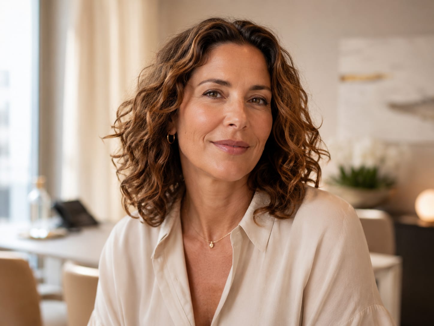 Frau mit lockigem Haar in heller Wohnung – Stimmung, Konzentration und Schlaf hängen in der Menopause eng mit den Hormonen und dem Gehirn zusammen.