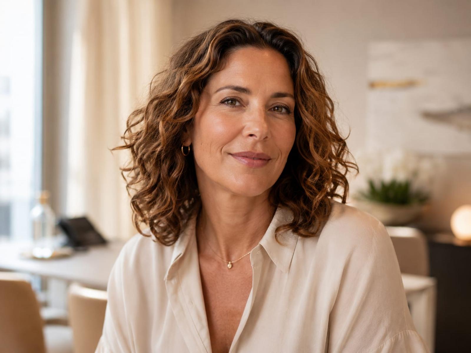 Frau mit lockigem Haar in heller Wohnung – Stimmung, Konzentration und Schlaf hängen in der Menopause eng mit den Hormonen und dem Gehirn zusammen.