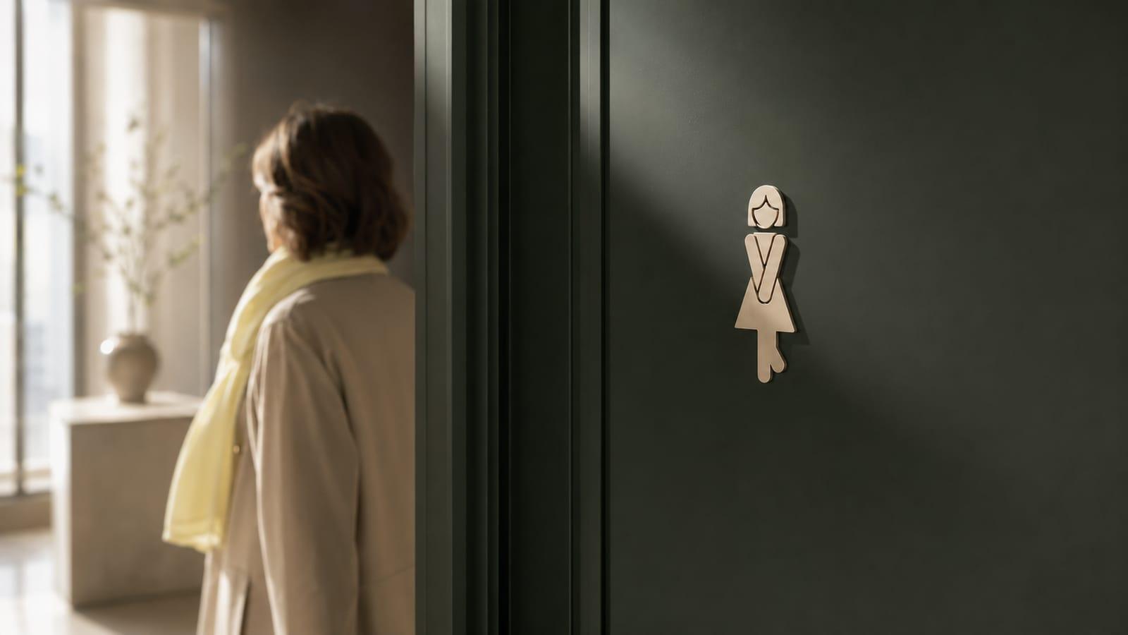 Frau vor einer Toilettentür – Harninkontinenz ist ein häufiges, hormonell bedingtes Symptom der Menopause und wird im Menopause Zentrum München gezielt diagnostiziert und behandelt.