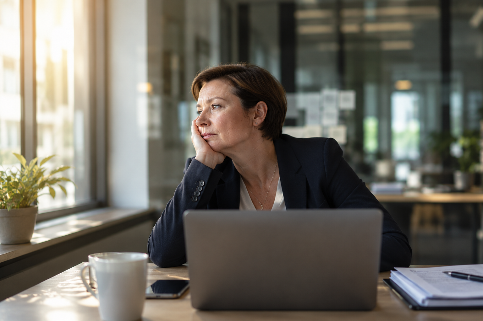 Berufstätige Frau Mitte 40 sitzt erschöpft und unkonzentriert vor dem Laptop im Büro — kognitive Beeinträchtigungen, Brain Fog und Konzentrationsschwäche sind neurologische Symptome des Hormonabfalls in der Menopause und werden im Menopause Zentrum medizinisch abgeklärt und behandelt.