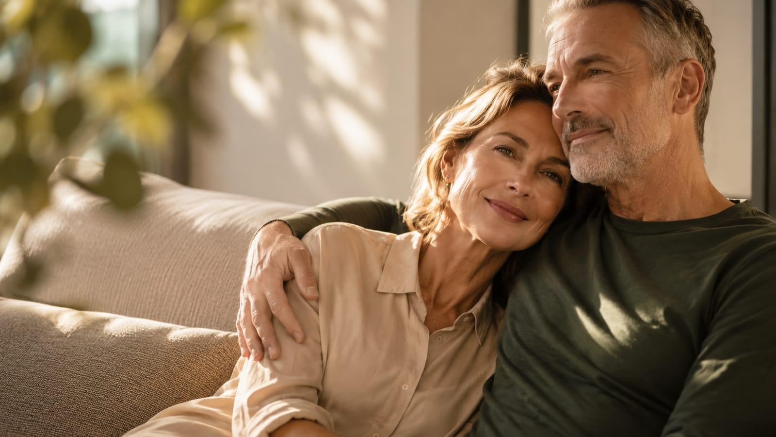 Paar Mitte 50 in vertrauter Nähe – Sexualmedizin und Intimgesundheit im Menopause Zentrum München: Libidoverlust, Schmerzen beim Geschlechtsverkehr und vaginale Trockenheit sind behandelbare Symptome der Menopause.