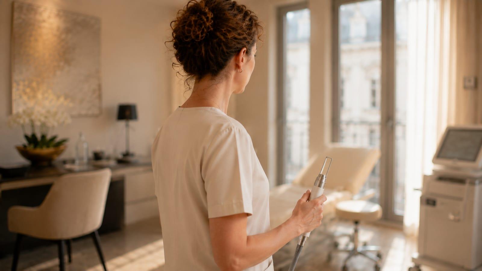 Medizinische Fachkraft hält den Applikator eines CO₂-Lasers im Behandlungsraum des Menopause Zentrum. FemiLift-Lasertherapie zur Behandlung vaginaler Atrophie, Trockenheit und Inkontinenz, minimalinvasiv und ohne Hormoneinsatz.
