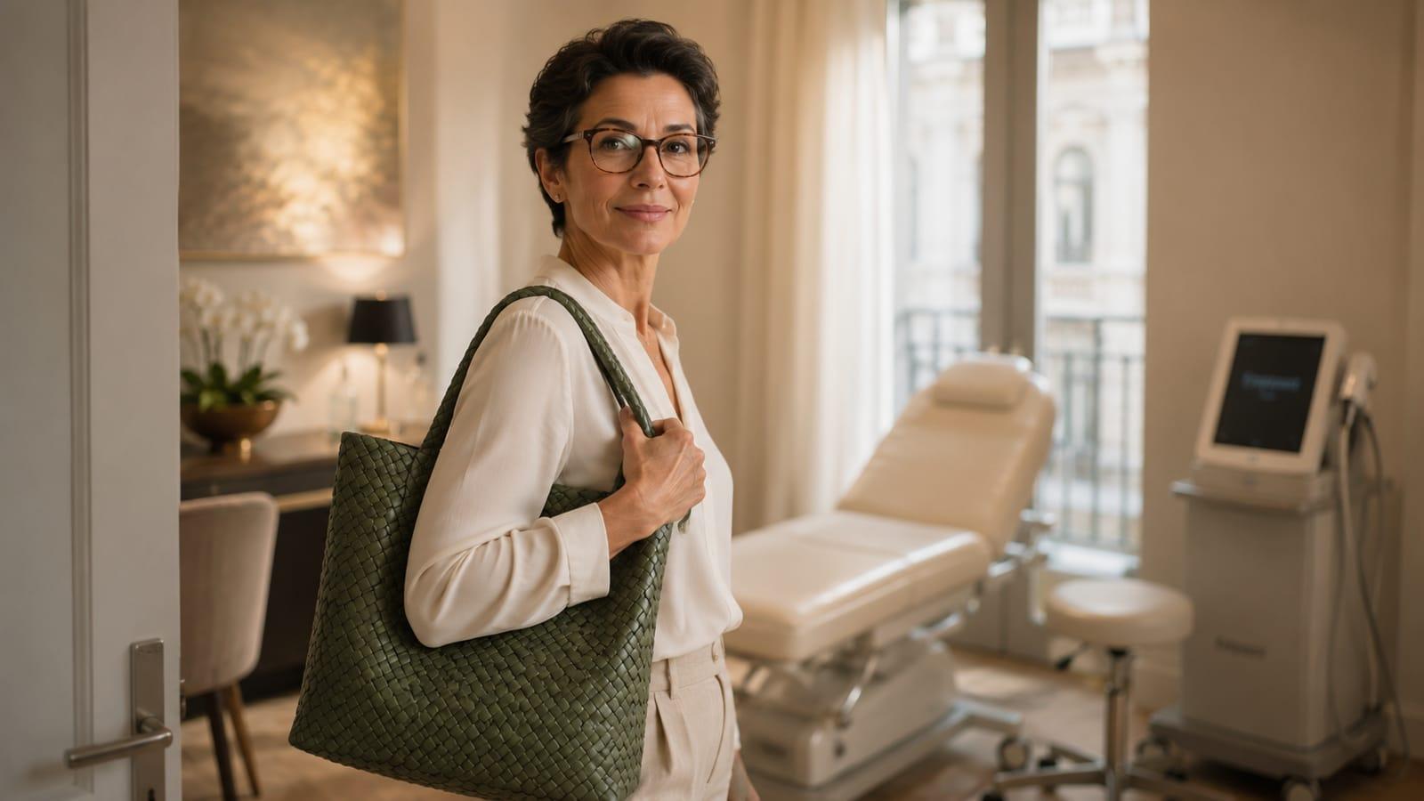 Patientin verlässt nach ihrer Konsultation den Behandlungsraum des Menopause Zentrum — für Frauen, die die Wechseljahre ohne Hormone bewältigen möchten oder müssen, bietet das Menopause Zentrum München evidenzbasierte, hormonfreie Therapiealternativen.