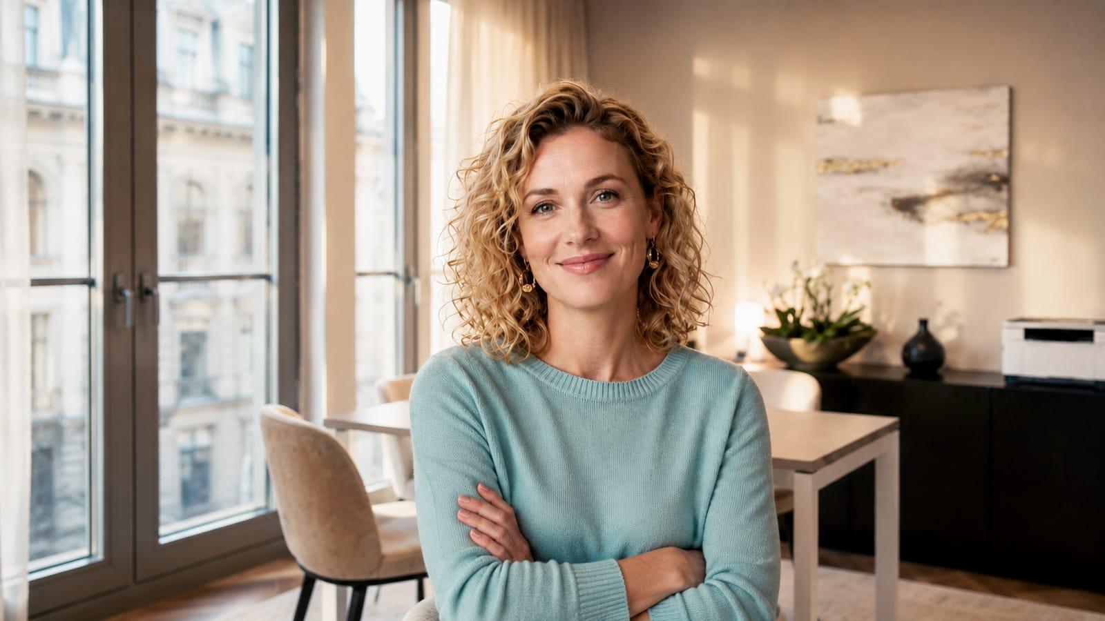 Frau Anfang 40 mit lockigem blondem Haar in heller Wohnung – bei Verdacht auf vorzeitige Ovarialinsuffizienz (POI) ist eine frühzeitige hormonelle Abklärung im Menopause Zentrum sinnvoll.