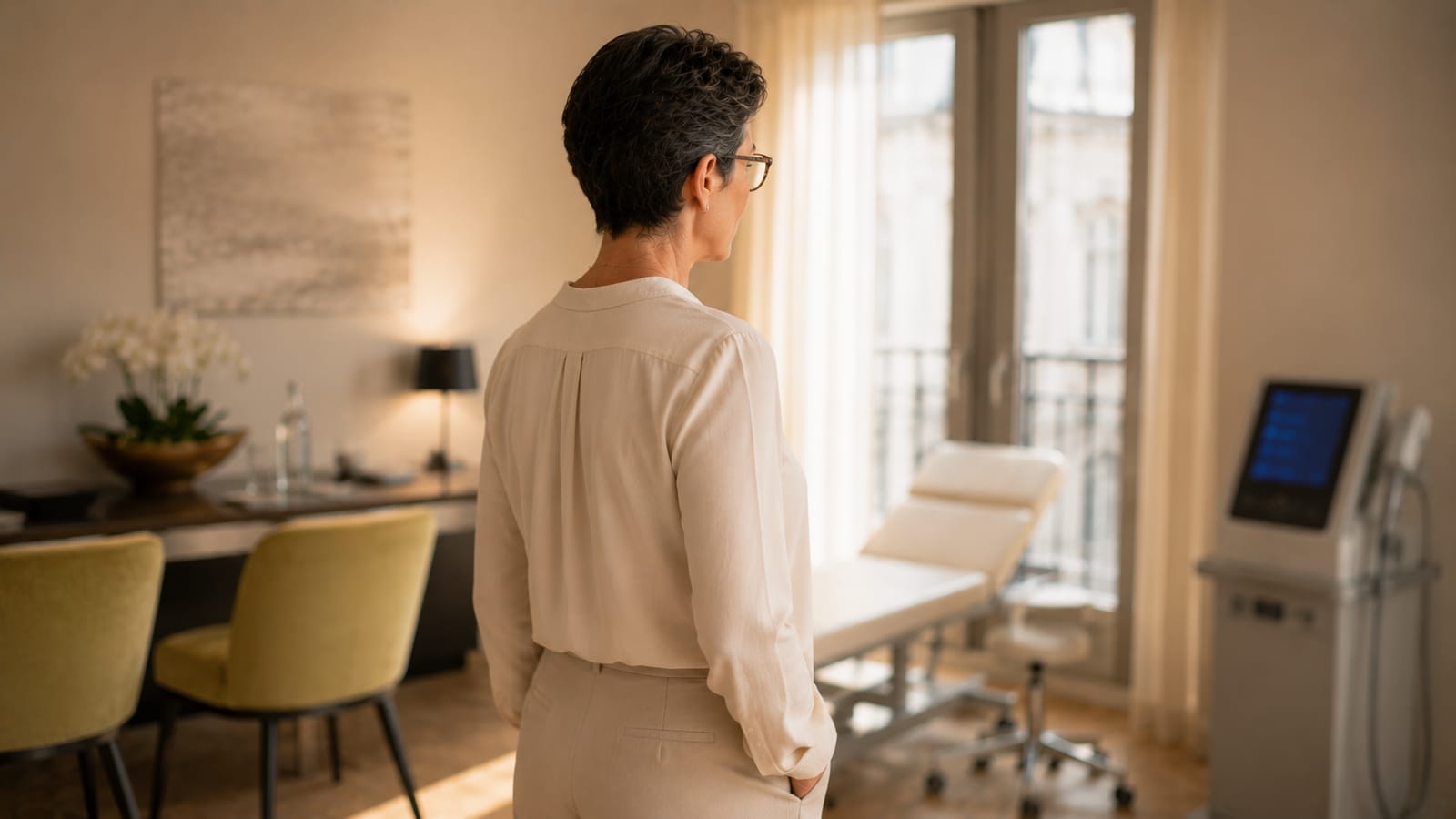 Frau steht mit dem Rücken zur Kamera im Behandlungsraum des Menopause Zentrum München — eine durch Chemotherapie ausgelöste Menopause stellt besondere medizinische Anforderungen und wird im Menopause Zentrum München onkologisch sensibel und spezialisiert begleitet.