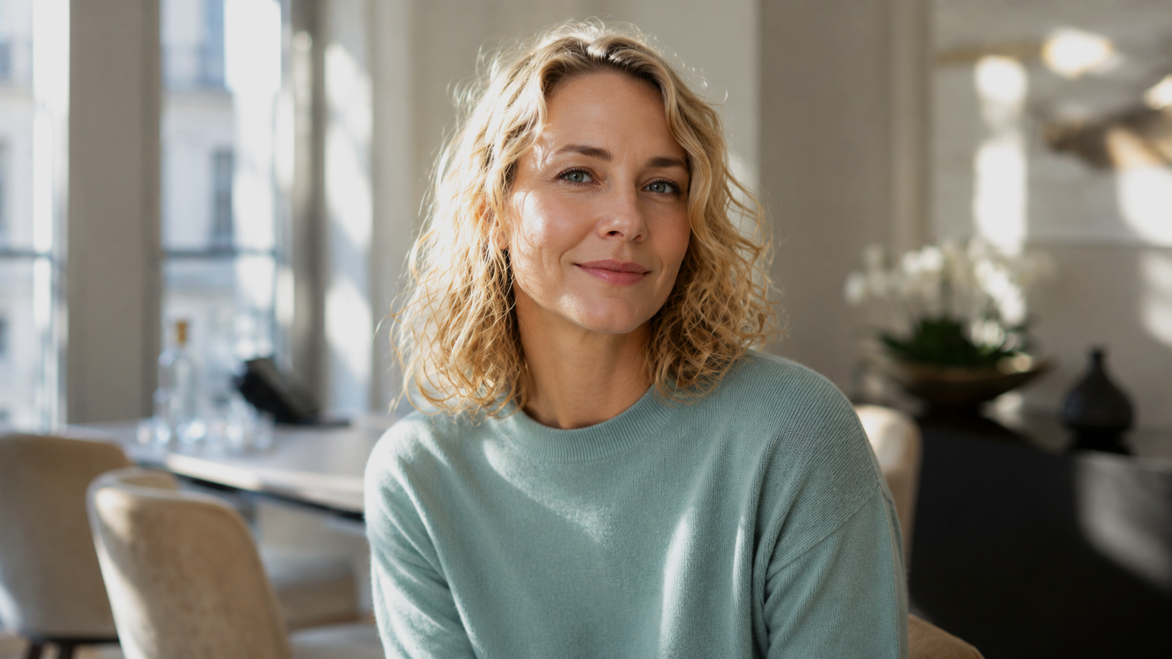 Frau Mitte 40 blickt ruhig und direkt in die Kamera. Stimmungsschwankungen, Reizbarkeit und das Gefühl, sich selbst fremd zu werden, sind hormonell bedingte Symptome der Perimenopause und werden im Menopause Zentrum diagnostisch ernst genommen und behandelt.