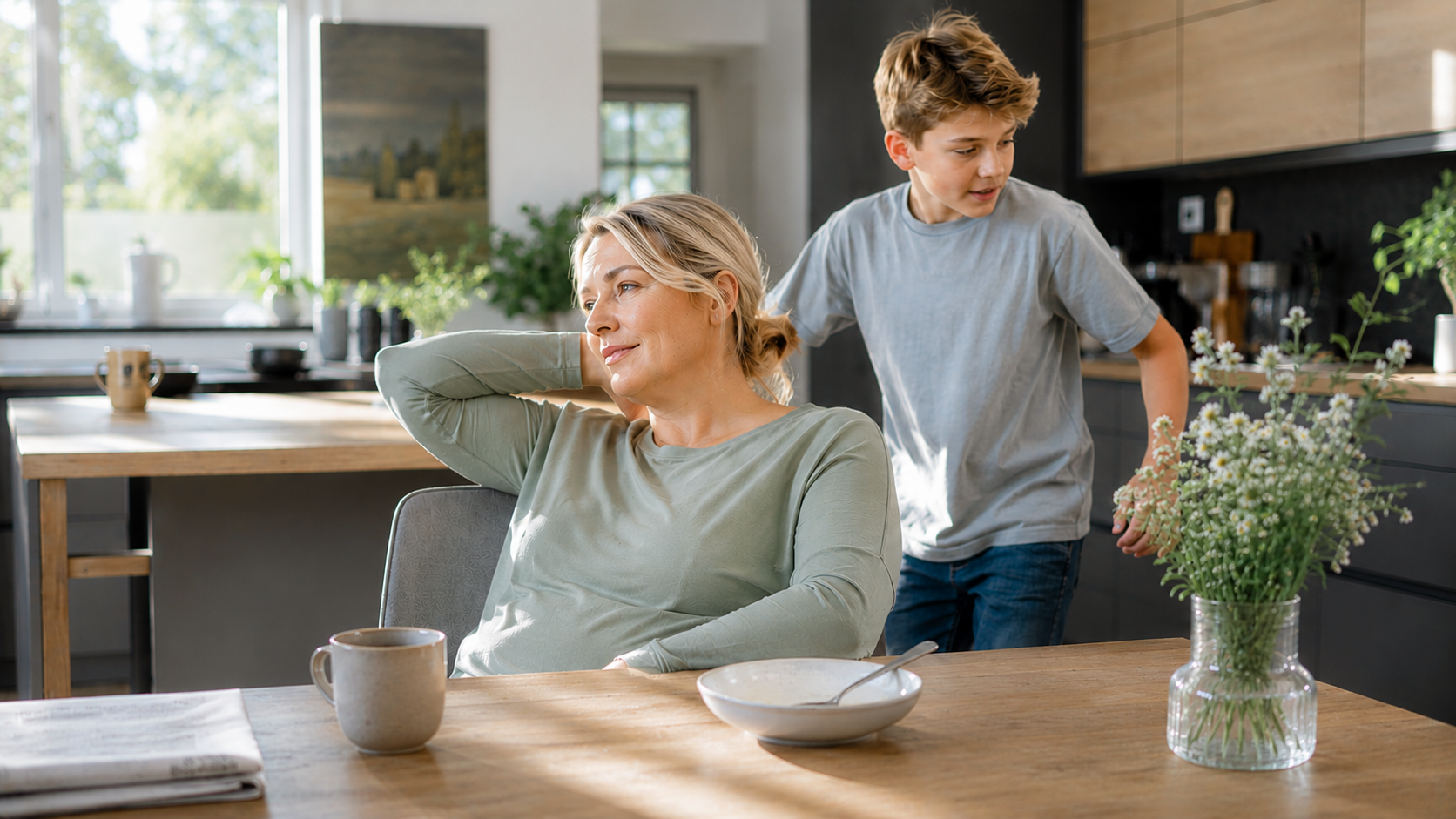 Frau Mitte 40 sitzt gedankenversunken am Frühstückstisch. Erschöpfung, Antriebslosigkeit und chronische Müdigkeit sind häufige hormonelle Symptome der Menopause, die im Menopause Zentrum gezielt diagnostiziert und behandelt werden.