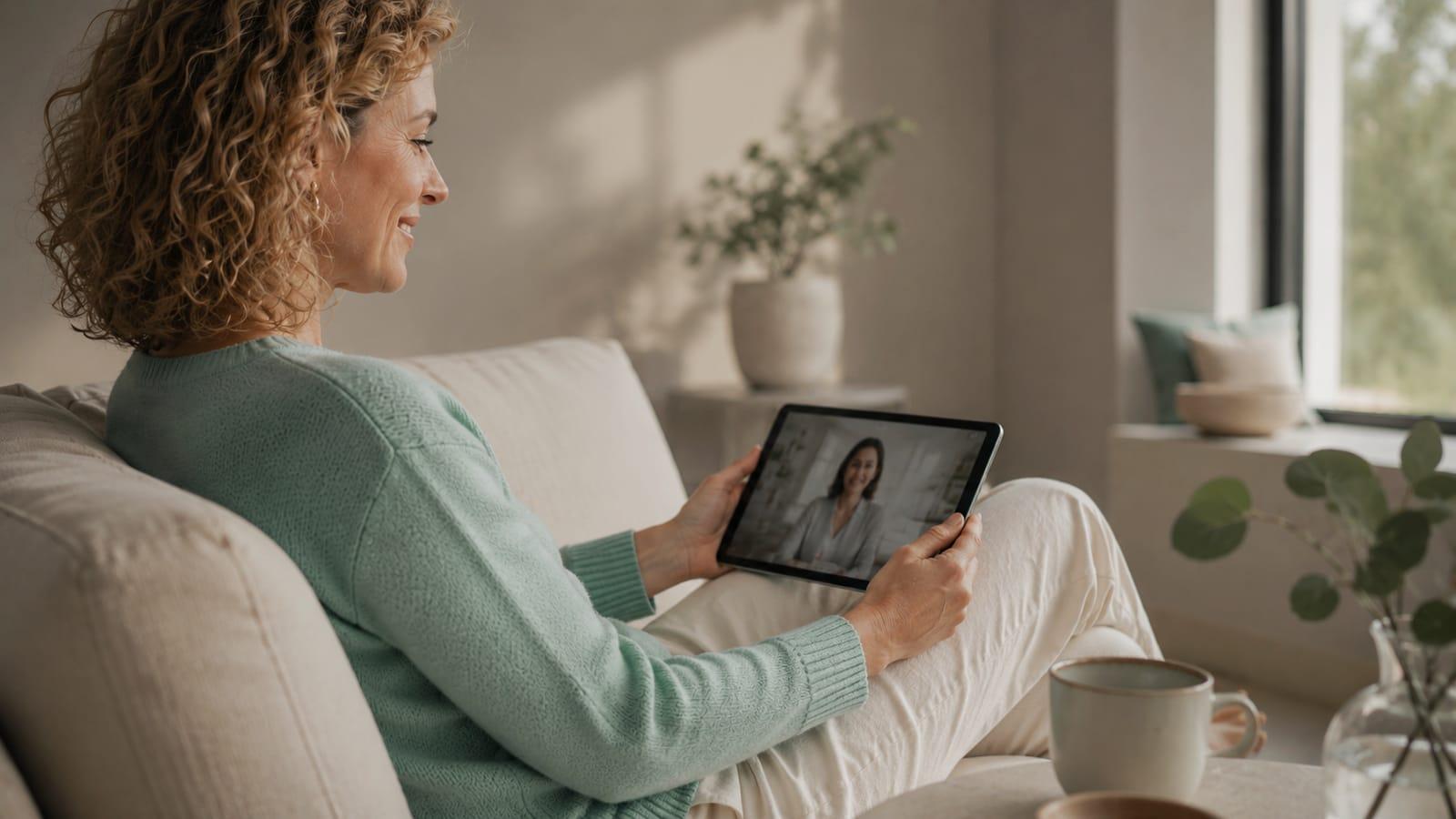 Frau Mitte 40 führt eine digitale Videokonsultation mit einer Ärztin des Menopause Zentrum München — ärztliche Fachberatung bei Wechseljahresbeschwerden, ortsunabhängig und ohne Wartezeit.