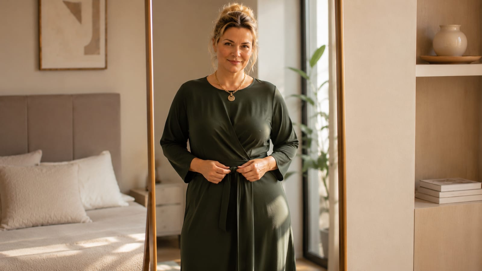 Frau im grünen Kleid vor dem Spiegel – der Körper reagiert in den Wechseljahren anders auf Ernährung und Bewegung; das Menopause Zentrum bietet strukturierte metabolische Diagnostik.