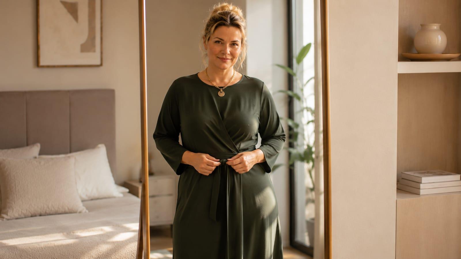 Frau im grünen Kleid vor dem Spiegel – der Körper reagiert in den Wechseljahren anders auf Ernährung und Bewegung; das Menopause Zentrum bietet strukturierte metabolische Diagnostik.