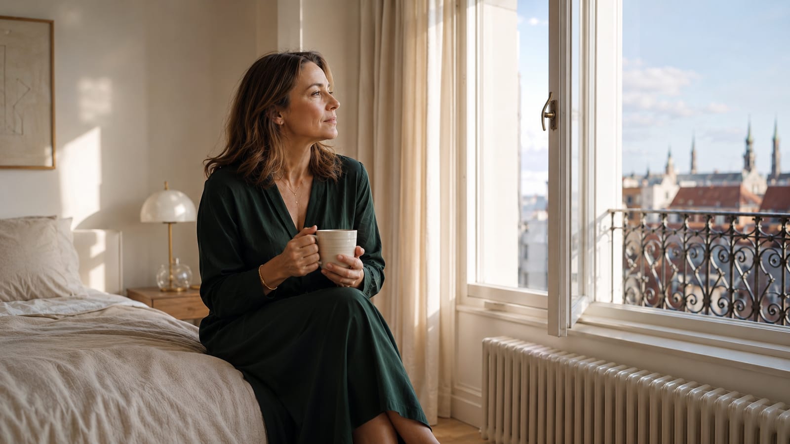 Frau sitzt nachdenklich auf dem Bett und schaut aus dem Fenster — vaginale Trockenheit und Schmerzen beim Geschlechtsverkehr sind behandelbare Symptome der Menopause, die im Menopause Zentrum München offen adressiert und gezielt therapiert werden.