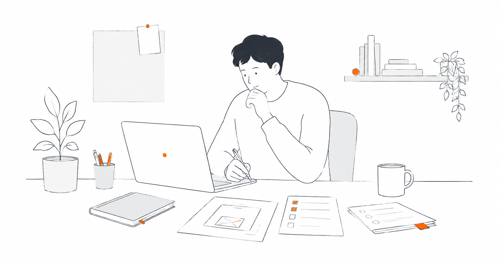 Founder reviewing a laptop, checklist and research notes at a desk before an investor meeting.