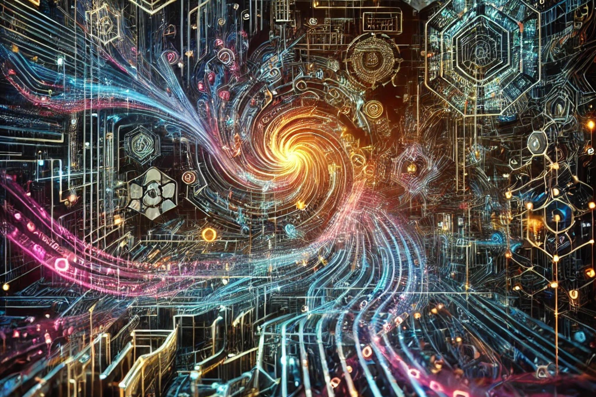 Prompt: artificial intelligence analyzing a maze of messages, cyberpunk style