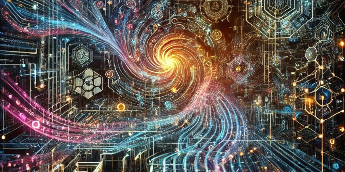 Prompt: artificial intelligence analyzing a maze of messages, cyberpunk style